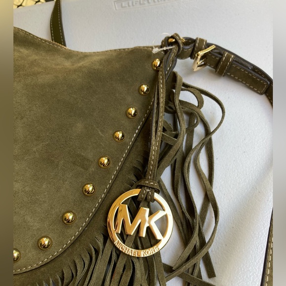 Michael Kors Dakota Olive Green Suede Leather Saddle Bag Long Fringe Gold Studs - Picture 4 of 17